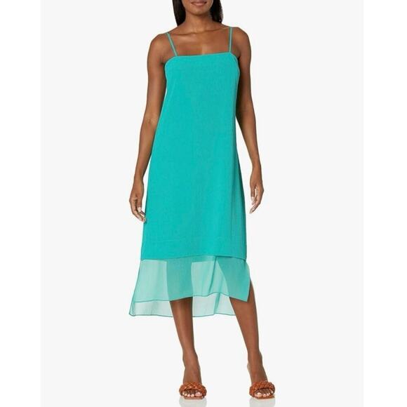 DKNY NWT Jadeite Square Neck Multi Layer Cut Out Back Sheer Bottom Cami Dress L - Picture 1 of 14